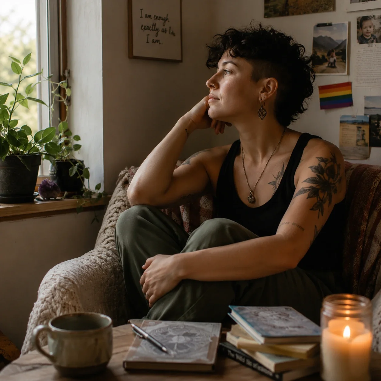 Person sitting by a sunlit window in a warm room with plants, journals, and personal mementos.