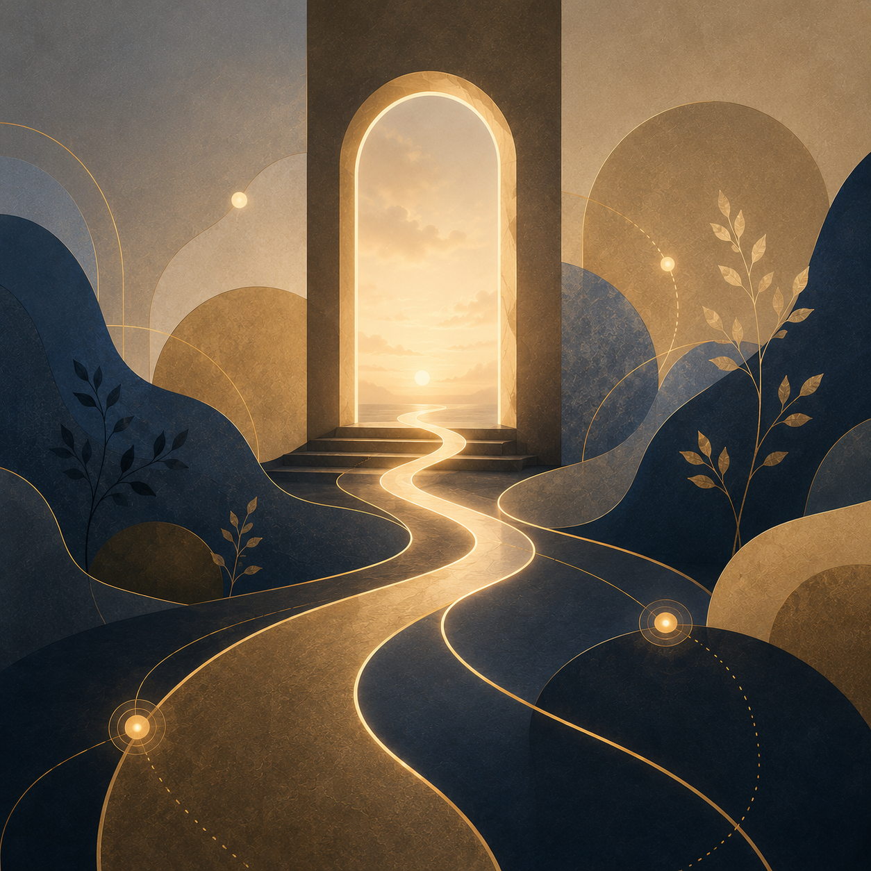 Conceptual artwork of multiple glowing paths leading toward a warm archway, suggesting therapy access pathways, choice, and guided next steps.