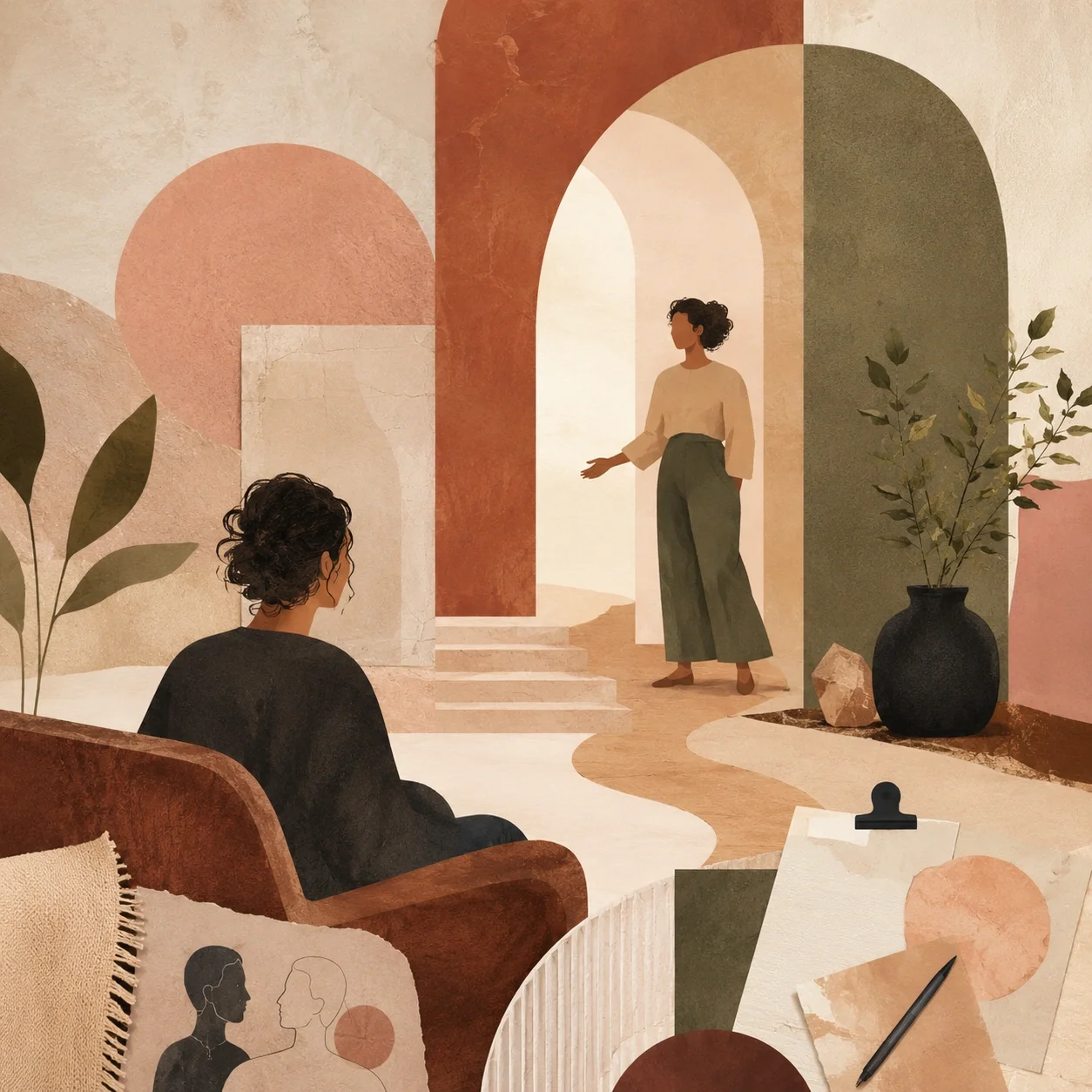 Postmodern therapy-inspired scene with warm arches, a welcoming pathway, seated figure, and an inquisitive beginning-therapy mood.