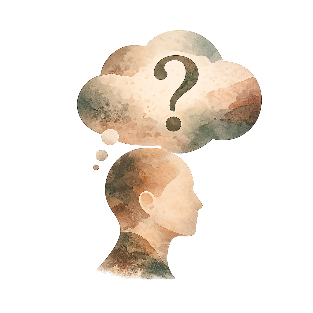 Postmodern watercolor icon of a thoughtful profile with an abstract question symbol, suggesting curiosity and support.