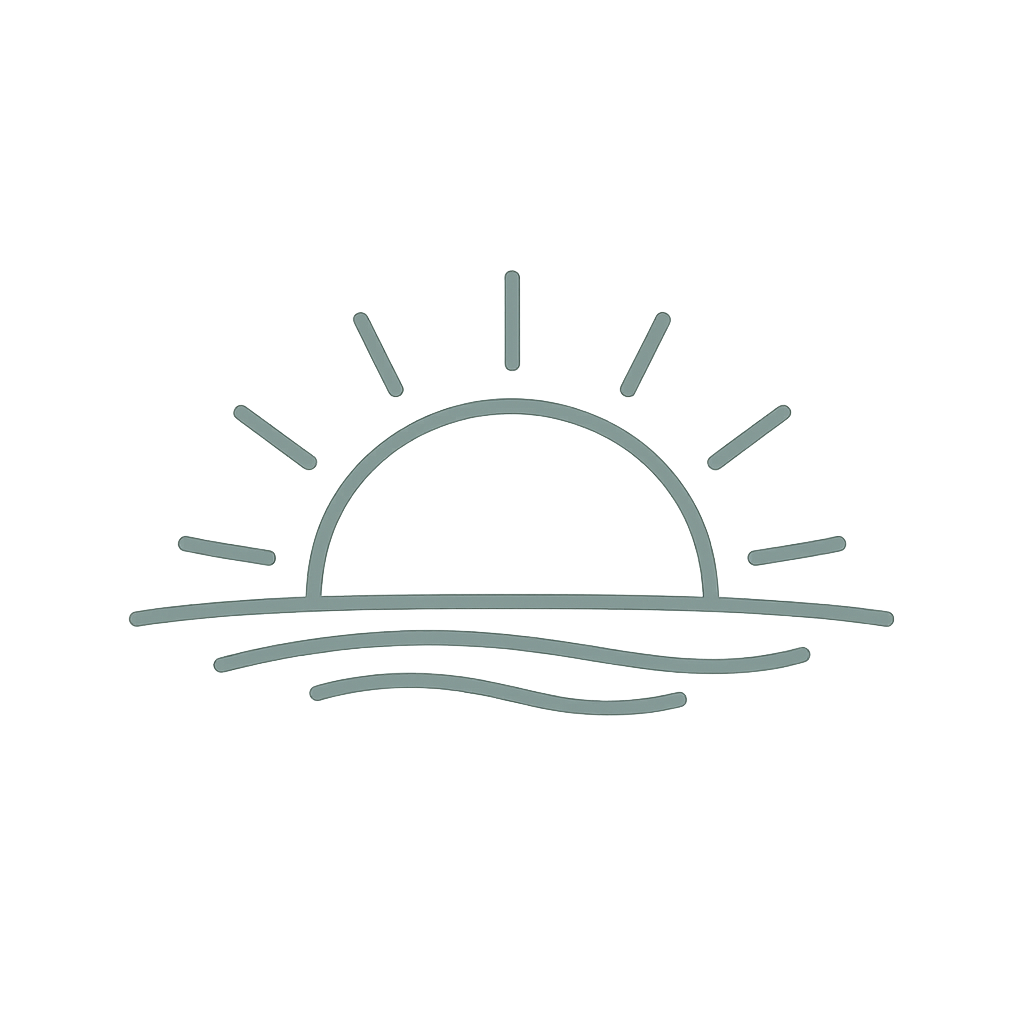 Minimal forest sage sunrise icon with rounded monoline rays over a horizon, symbolizing hope, renewal, healing, and new beginnings on a transparent background.