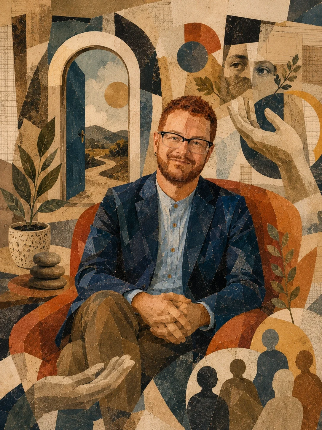 Dada-inspired collage portrait of a male therapist seated in a warm, symbolic space with open pathways, supportive hands, and gathered figures suggesting care, values, and connection.