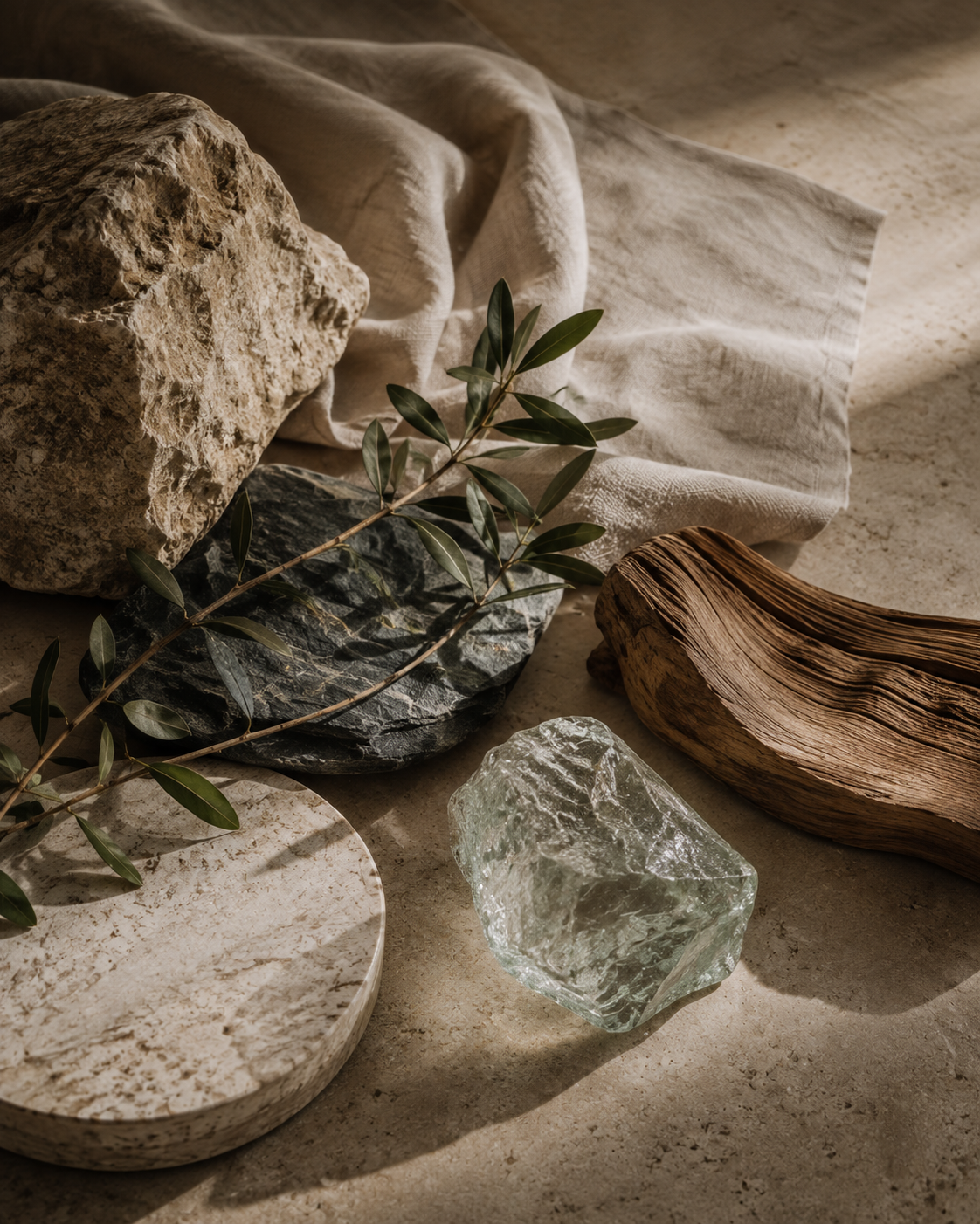 A warm still life of varied stone, translucent mineral, weathered wood, linen, and sage foliage resting together naturally, each retaining its distinct texture and character.