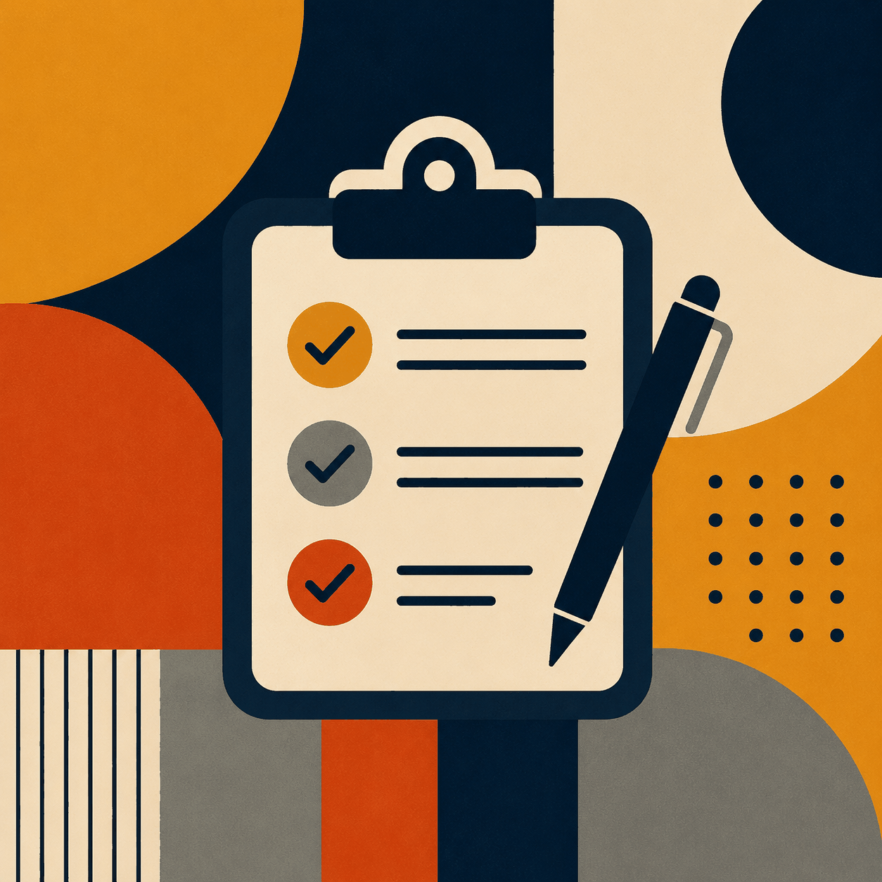 Bauhaus-style square image with a clipboard checklist and pen.