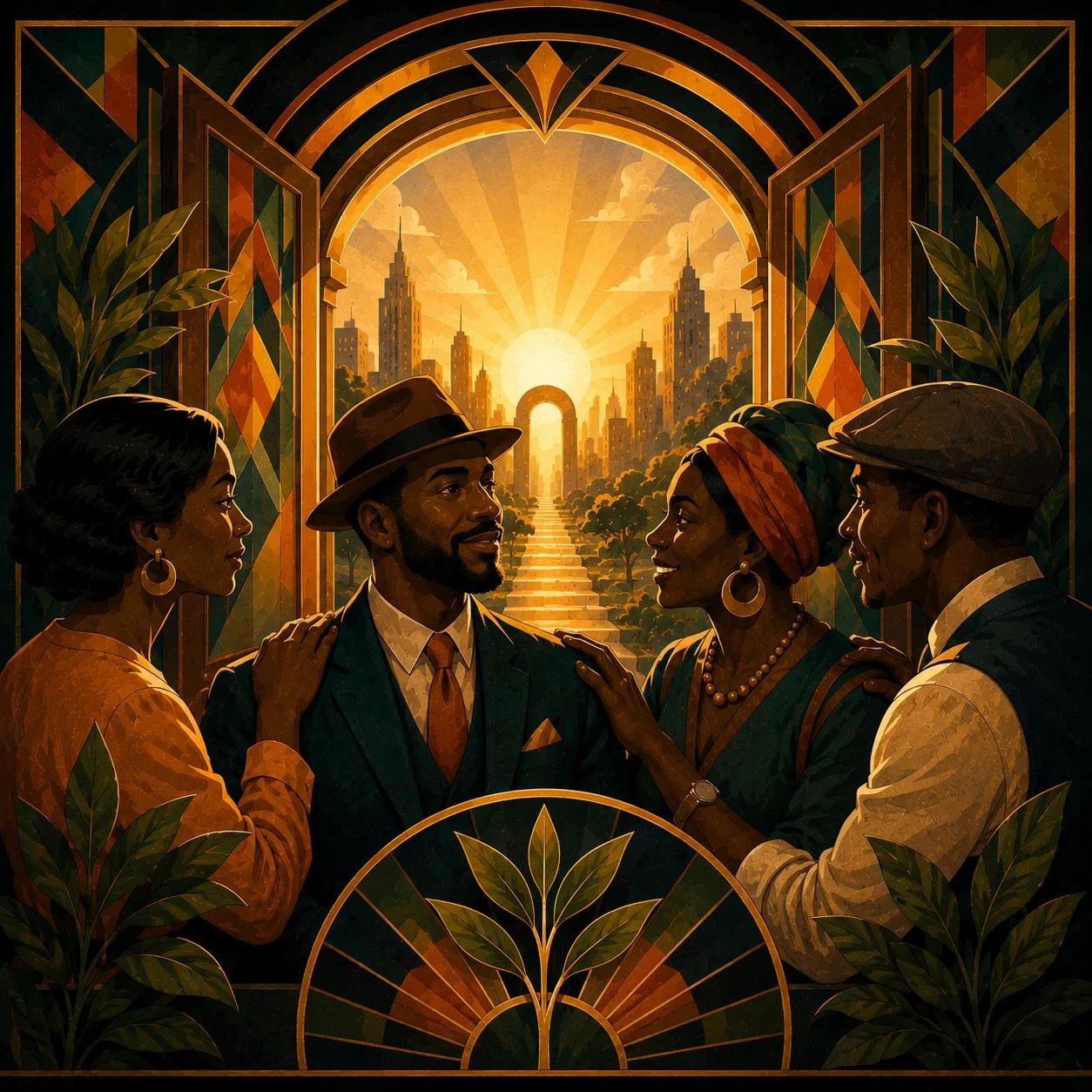Harlem Renaissance-inspired illustration of four adults standing together at a glowing archway, symbolizing support and readiness to move forward
