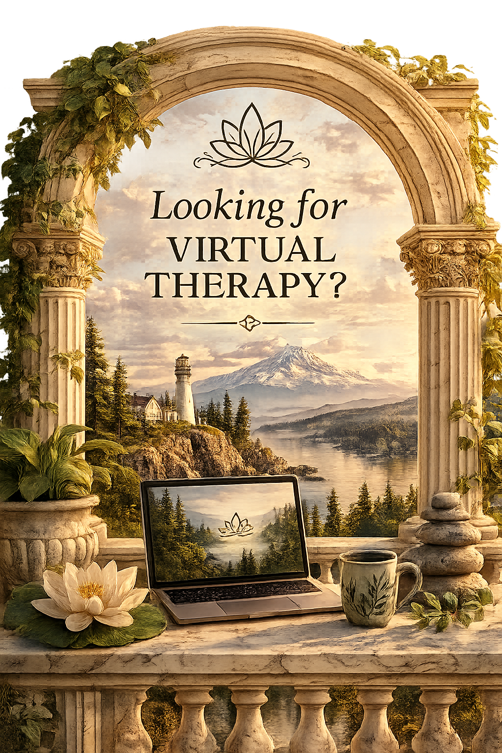 Neoclassical icon with marble columns, a laptop, lotus flower, balanced stones, and a calm mountain landscape.