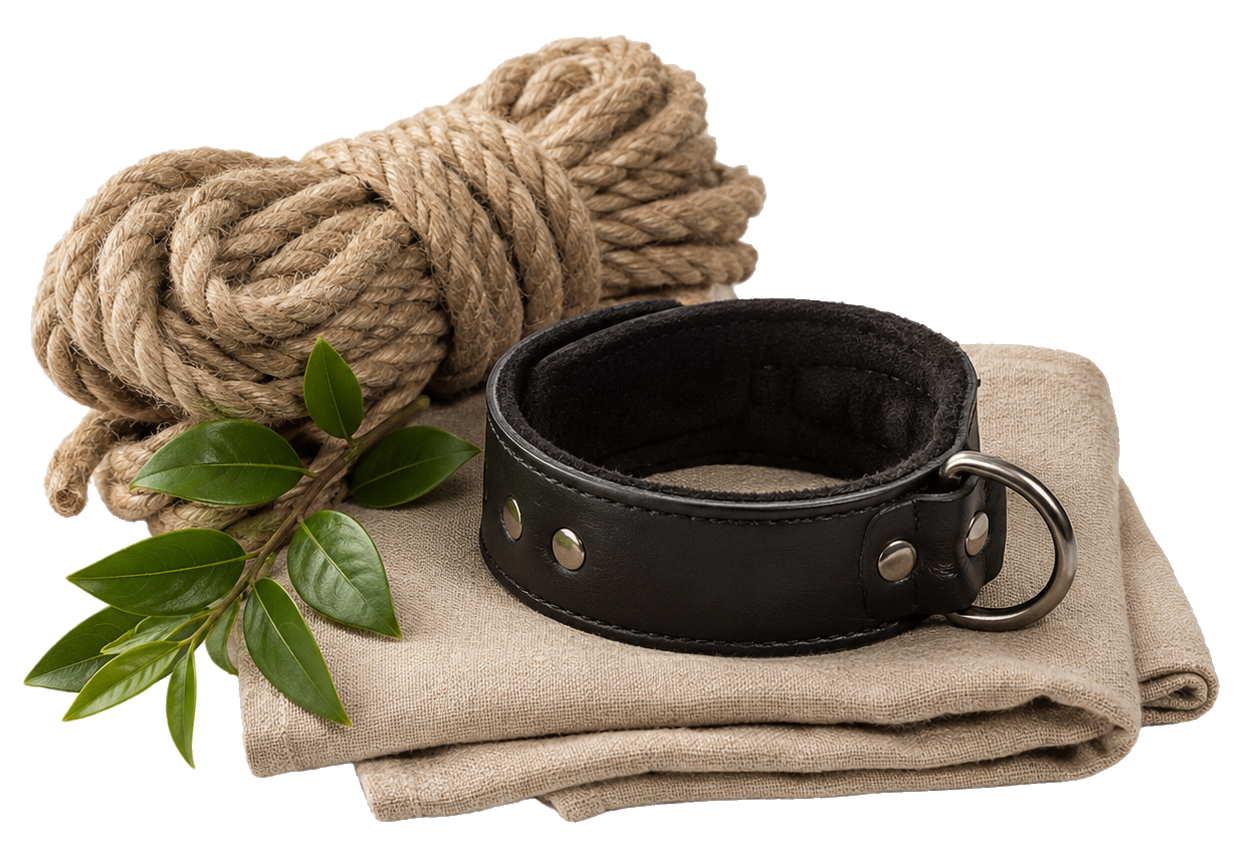 Hyperrealistic kink-affirming icon of a leather cuff, rope, soft fabric, and leaves suggesting consent, care, and nonjudgmental support.