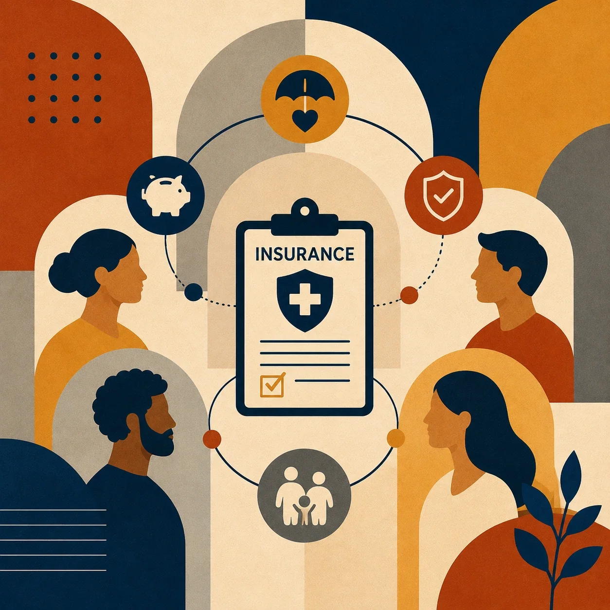 Conceptual square illustration of people connected around an insurance access document.