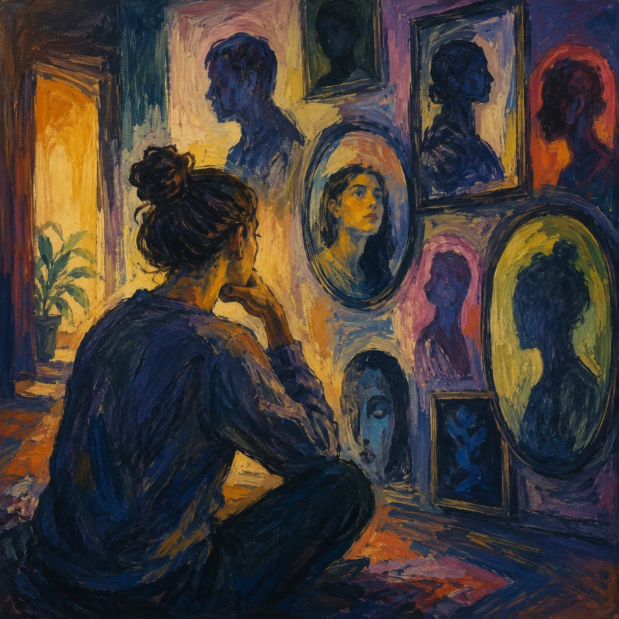 Expressionist-style image of an adult looking toward layered portraits and warm light, suggesting identity exploration, curiosity, and self-reflection.