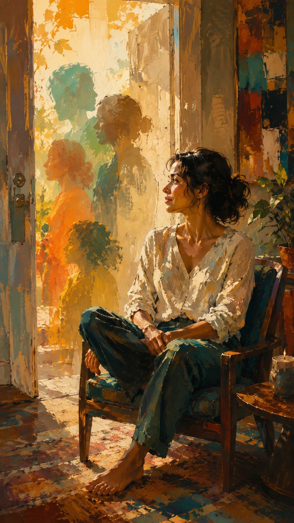 Expressionist-style image of a seated adult looking toward softly illuminated figures at an open doorway, suggesting curiosity, memory, and parts of one’s story returning into view.