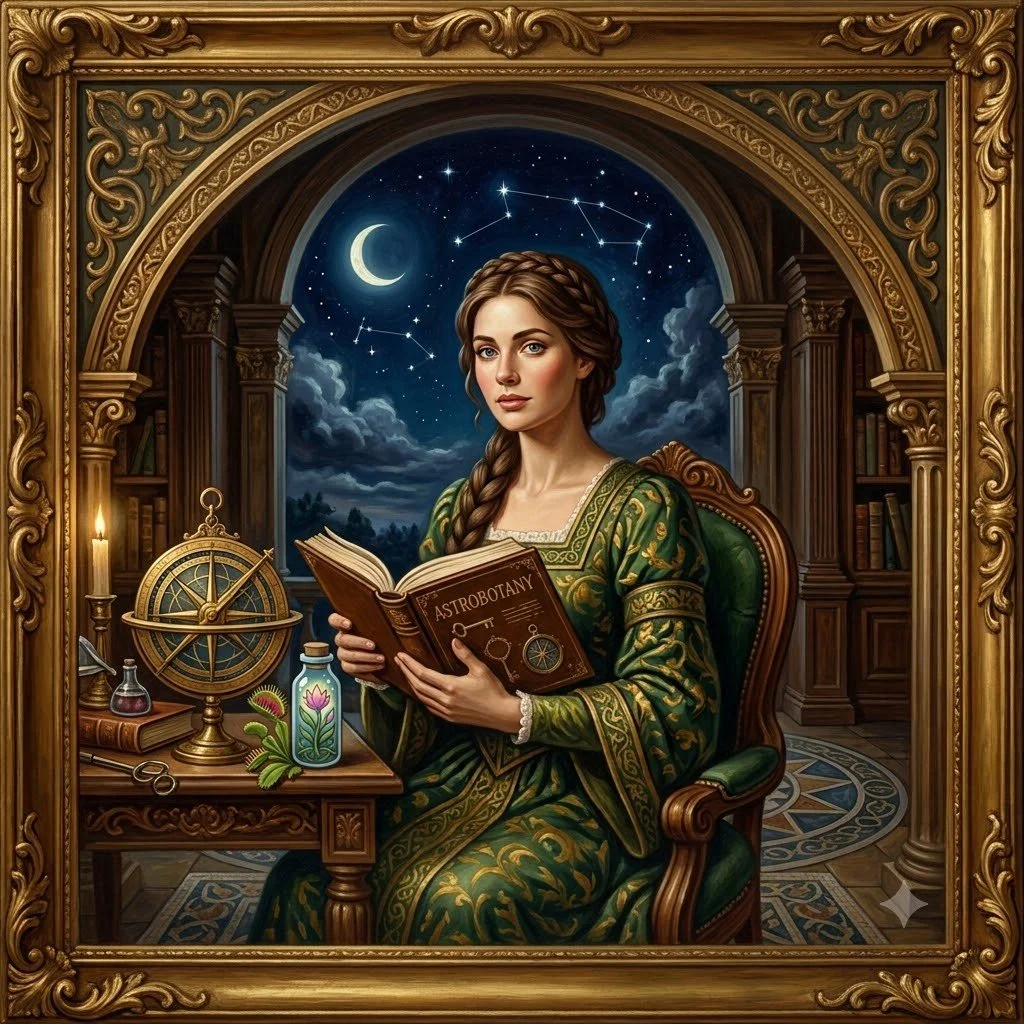 A woman in a green ornate dress sitting in a wooden armchair, holding an open book titled "Astrobotany". She has long braided hair and is in a richly decorated room with wooden bookshelves. Outside the window, a night sky with a crescent moon, stars, and constellations is visible, creating a mystical atmosphere.