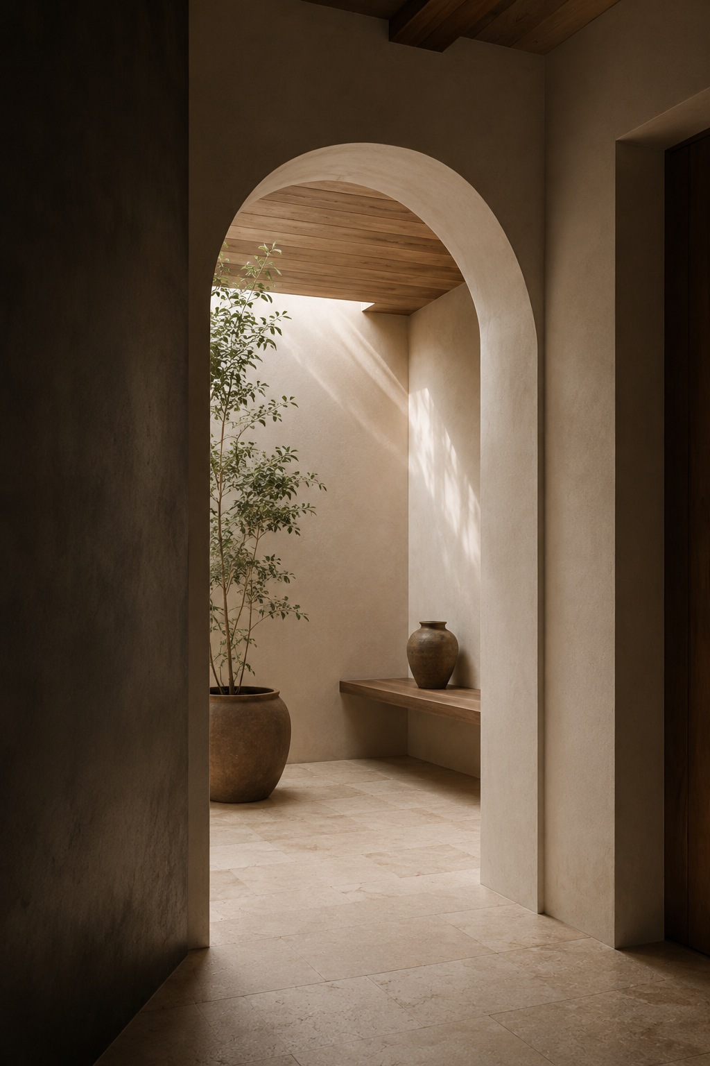 A quiet curved opening leading into a softly lit room