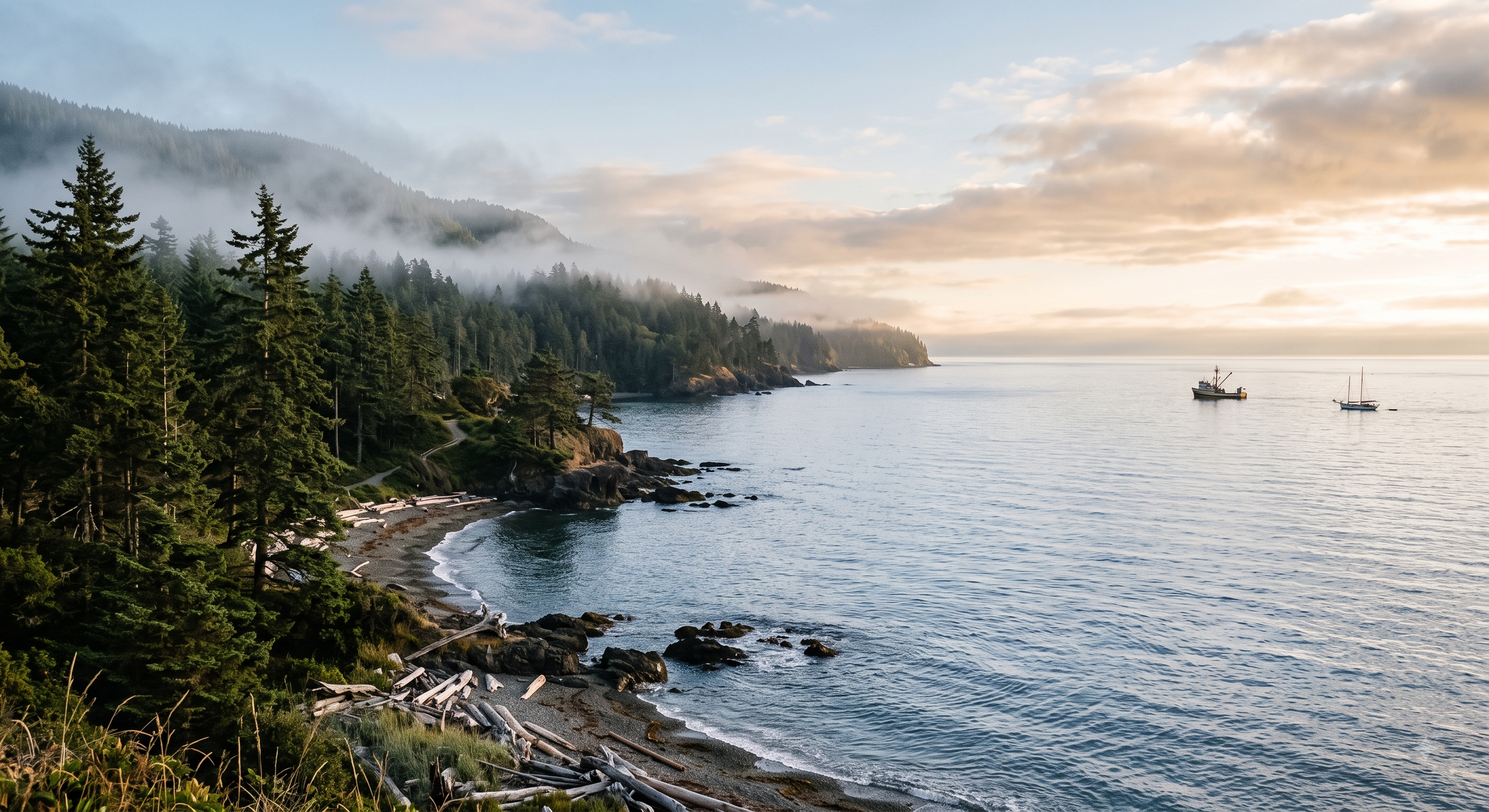 Quiet morning sunlight streaming through coastal pine trees overlooking a calm ocean horizon.