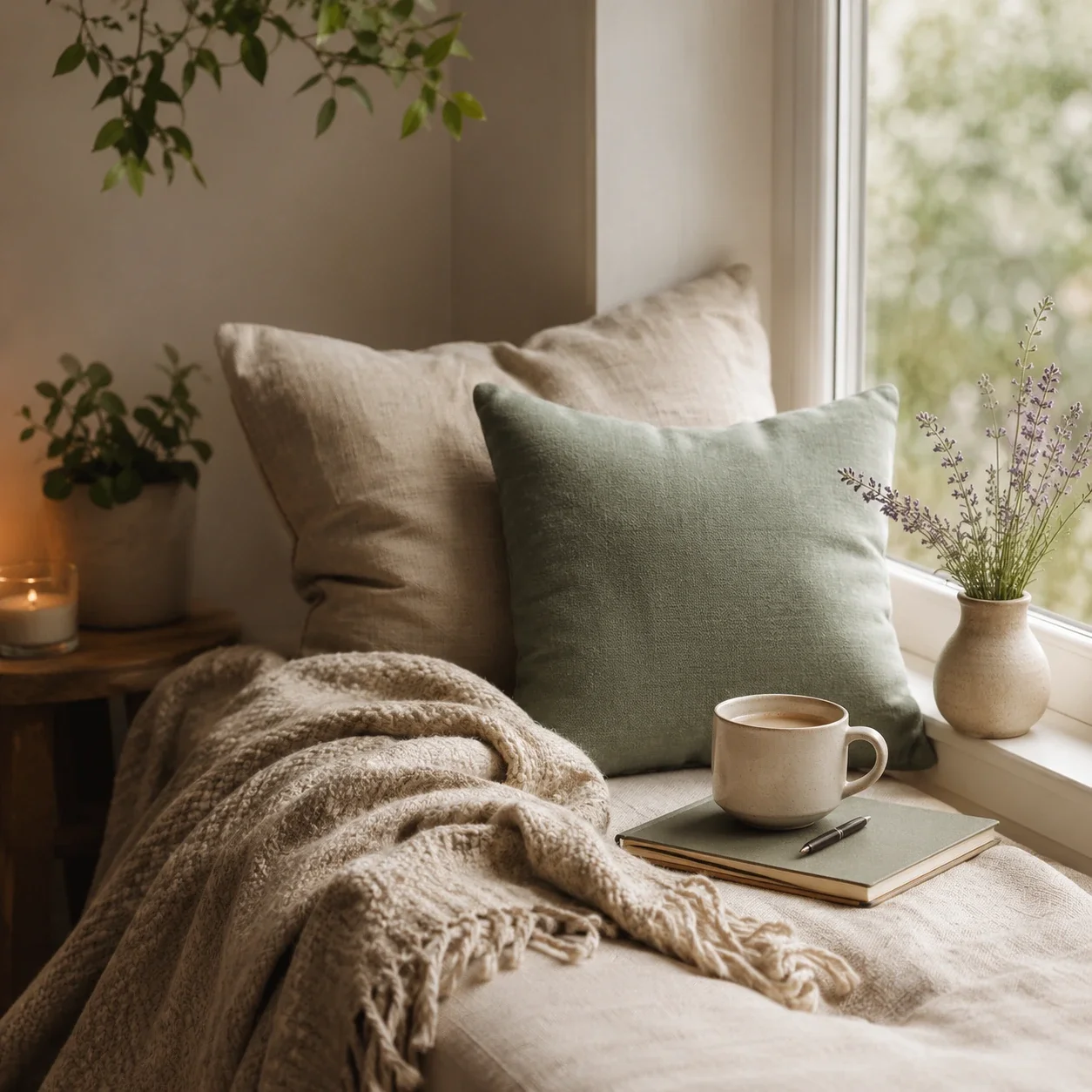 Cozy window nook with soft pillows, warm blanket, candlelight, tea, journal, and lavender symbolizing compassionate depression therapy support.