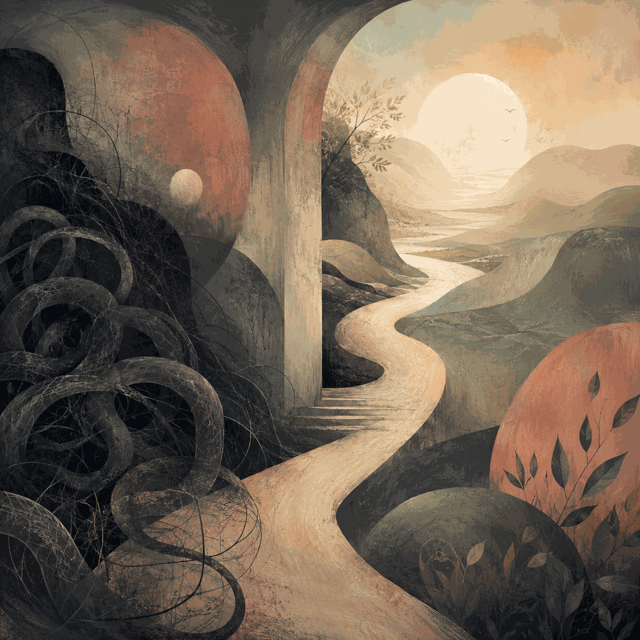 A surreal landscape with dark tangled forms beside a winding path leading through an archway toward open light, symbolizing shame, fear, and the possibility of moving toward safety and self-acceptance.
