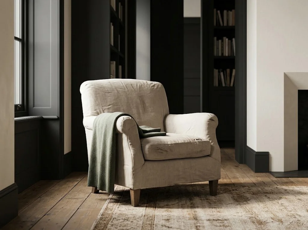 A beige linen armchair with a green blanket rests on a patterned rug in an elegant room. It is surrounded by dark built-in bookshelves, a large window, and a wide wood floor.