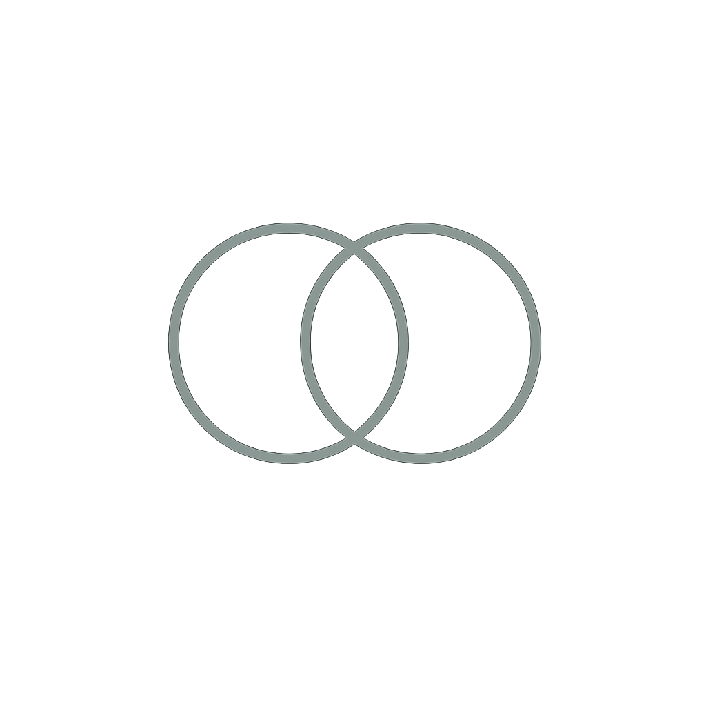 Minimal forest sage intersecting circles icon with rounded monoline strokes, symbolizing connection, shared understanding, belonging, and relationships.