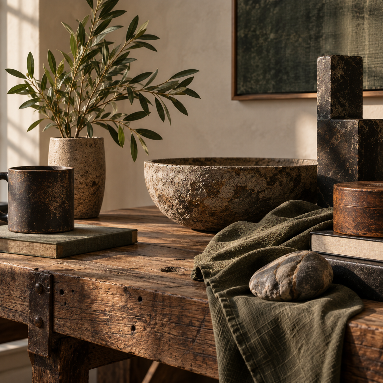 Weathered wood, dark metal, textured stone, heavy sage textile, and restrained greenery share a warm sunlit setting, conveying endurance, history, complexity, transition, and retained strength.