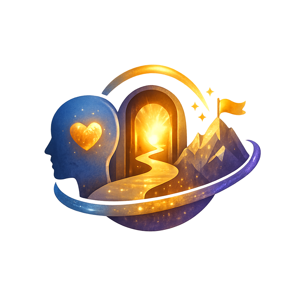 A surreal icon with a glowing path through an archway, a heart, mountains, and celestial light, symbolizing Acceptance and Commitment Therapy, values, openness, and committed action.