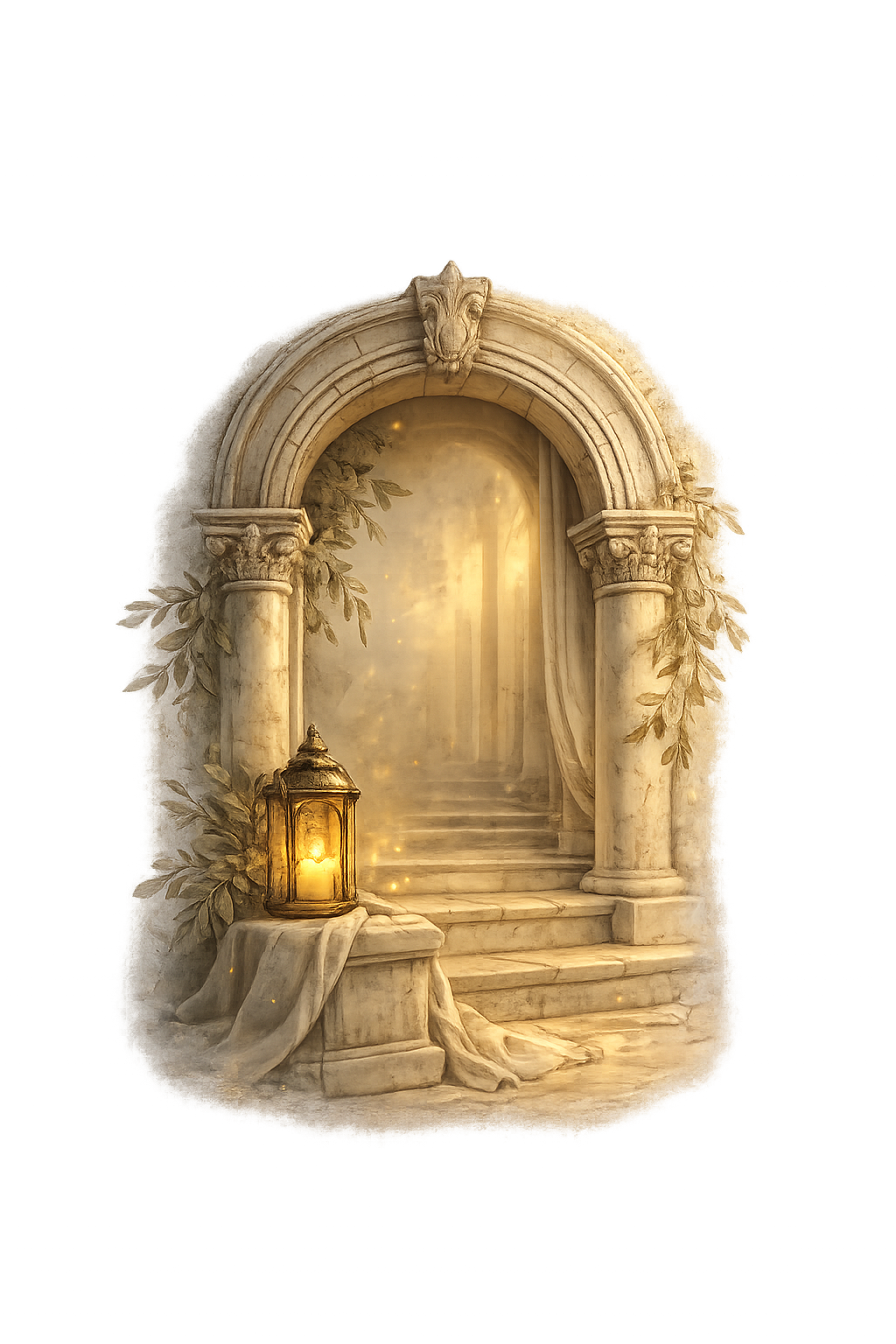 Classical archway vignette with marble steps, laurel leaves, draped fabric, and a glowing lantern.