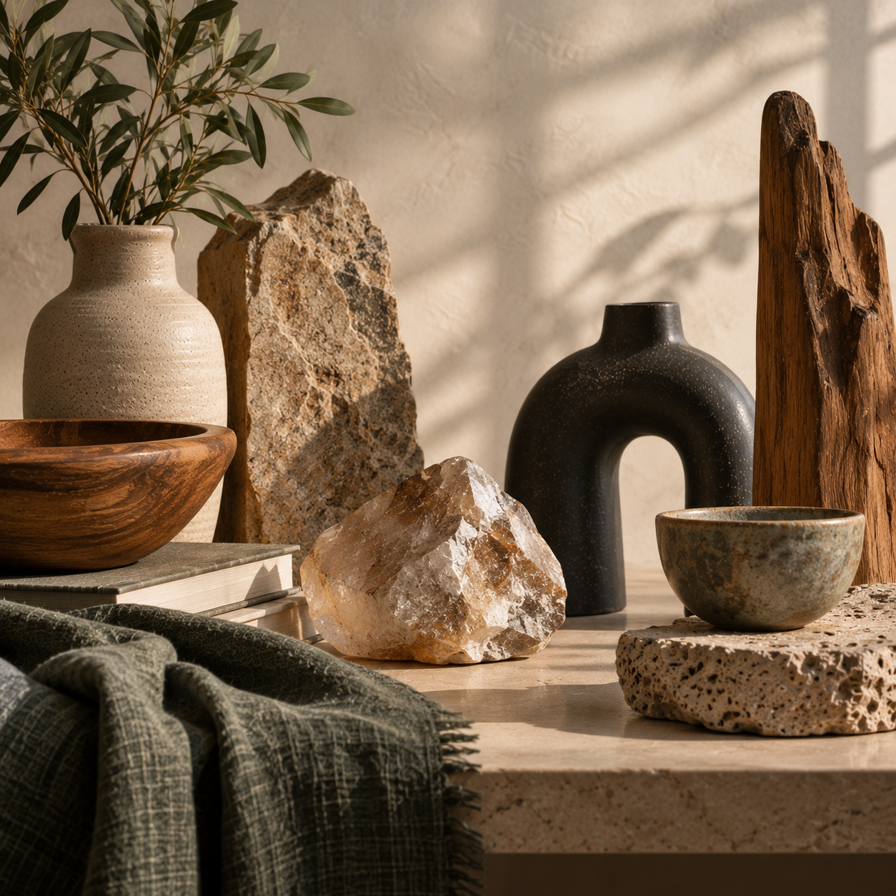 Distinct ceramic, translucent mineral, wood, stone, sage textile, and foliage share a warm sunlit space, each retaining its unique form while conveying authenticity, individuality, and belonging.
