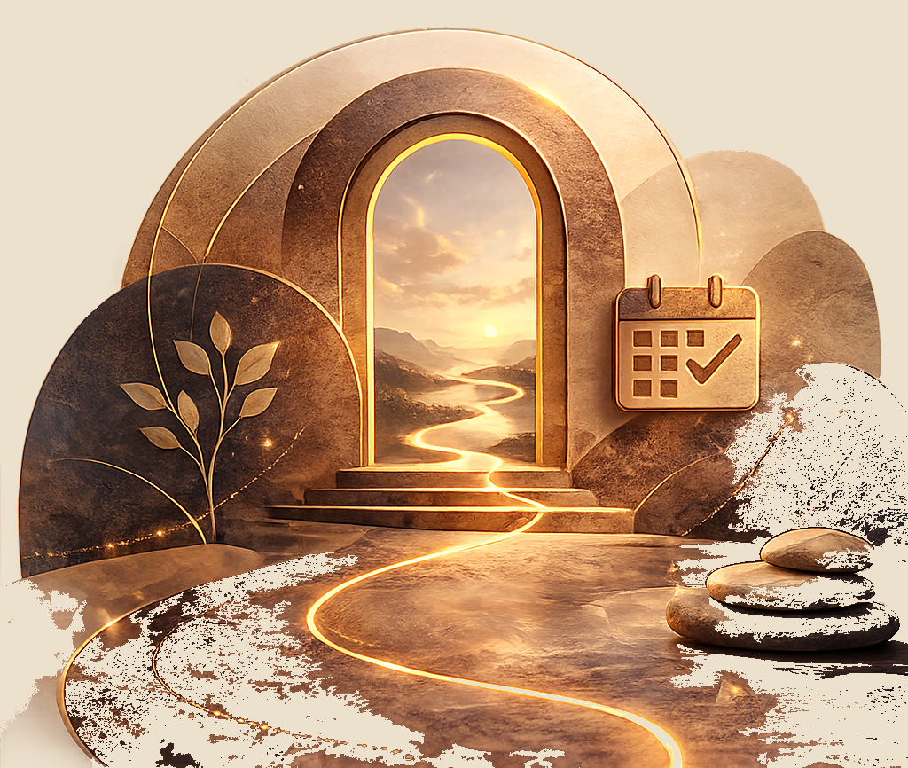Conceptual icon of a glowing path, arched doorway, calendar symbol, leaves, and stacked stones suggesting readiness to request a therapy session.