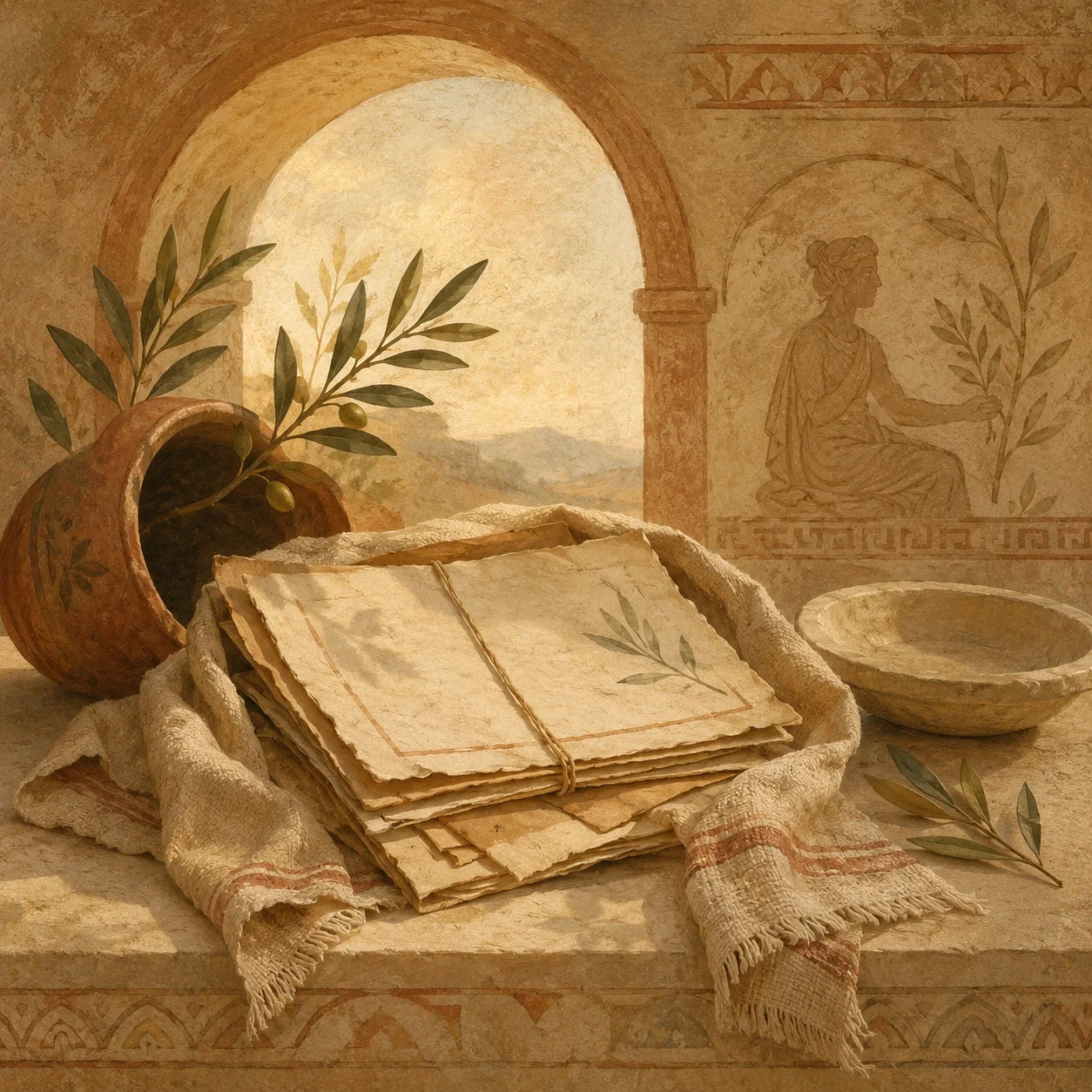 Ancient-art-inspired scene with protected documents, olive branches, warm sunlight, and a reassuring sense of privacy and care.