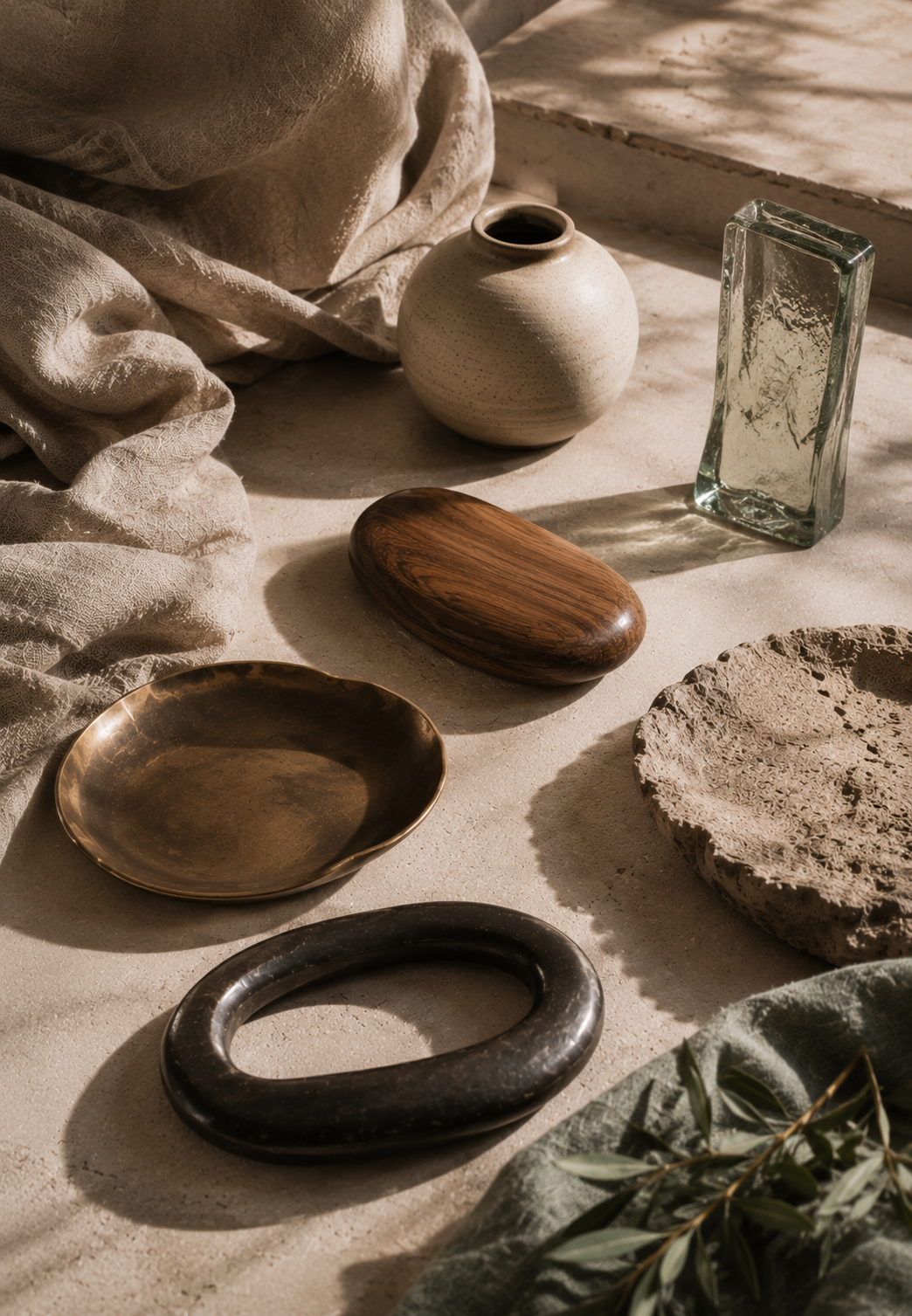 Soft linen, polished wood, dark metal, ceramic, textured stone, glass, and sage fabric rest in warm daylight, creating a tactile composition suggesting choice, trust, intimacy, and autonomy.