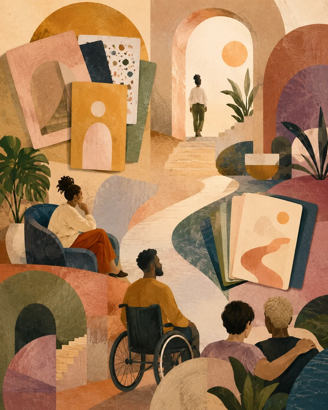 Postmodern therapy-inspired scene with layered pathways, diverse figures, warm arches, and an inquisitive access-focused mood.