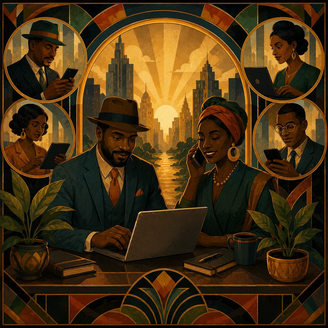 Harlem Renaissance-inspired image of adults using phone and computer communication tools within a golden cityscape.