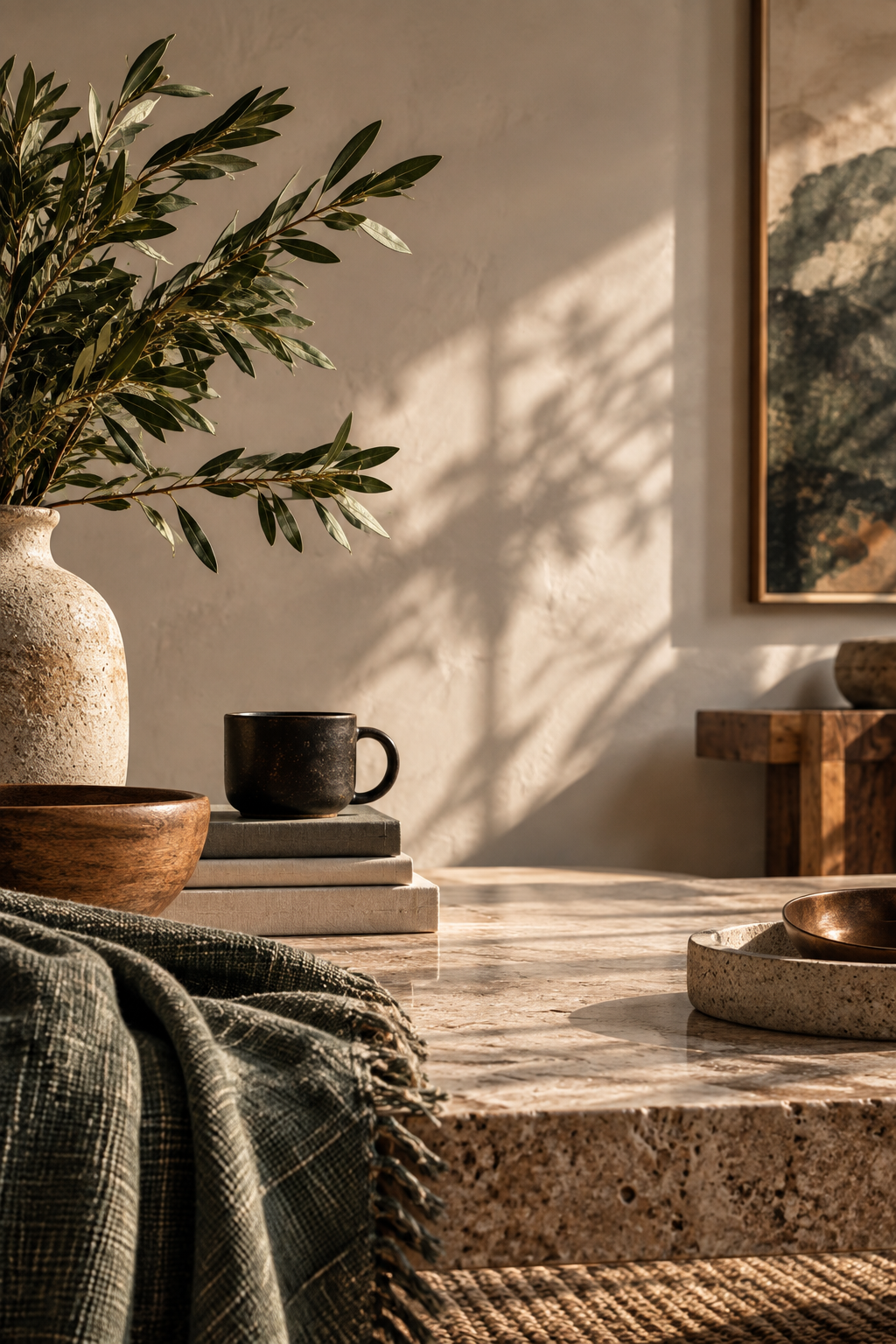 Warm wood, stone, ceramic, dark metal, sage textile, and greenery rest within a spacious sunlit setting, suggesting autonomy, uncertainty, openness, possibility, and permission to begin.