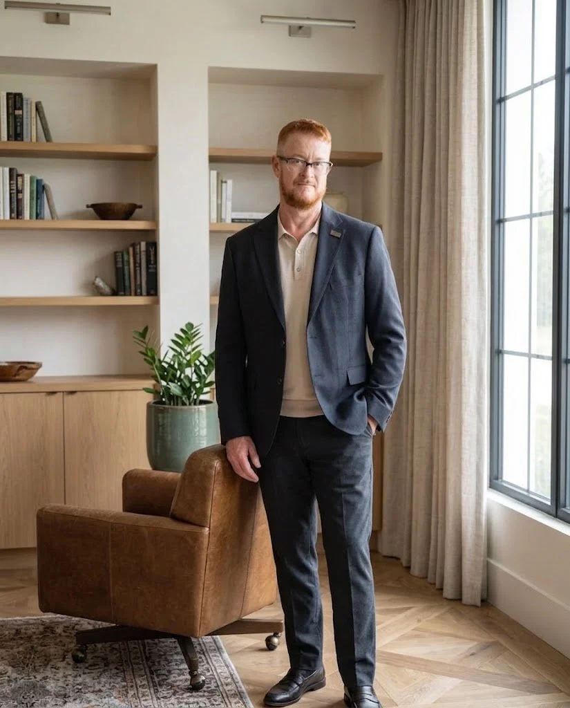 A male therapist with red hair, beard, and glasses wearing a navy blazer stands in a warm, sunlit interior with oak built-in shelves, a potted plant, and a leather chair.