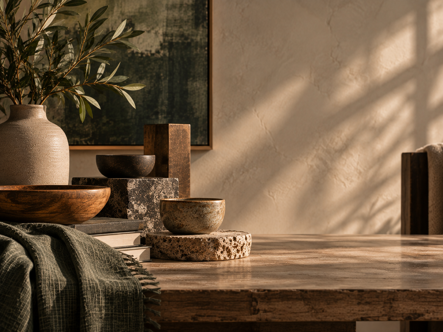 Ceramic, wood, stone, dark metal, and sage textile surround an intentional open space in warm daylight, conveying grief, absence, emotional weight, memory, and room for continued life.