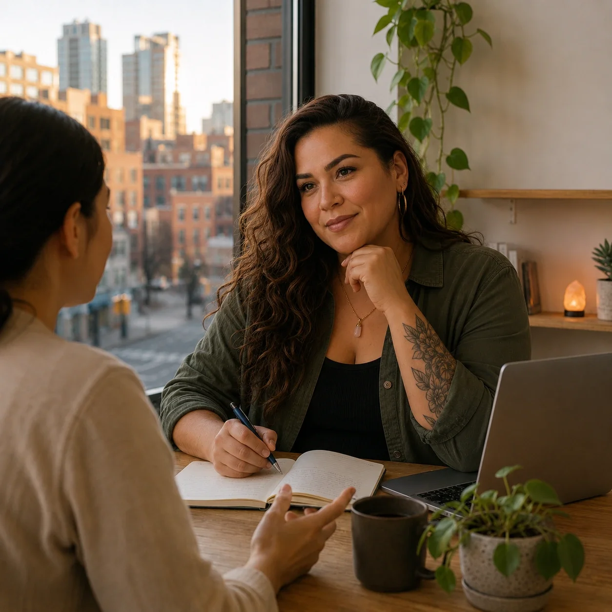 A Hispanic trans woman sits in a warm urban workspace, taking notes during a supportive conversation.