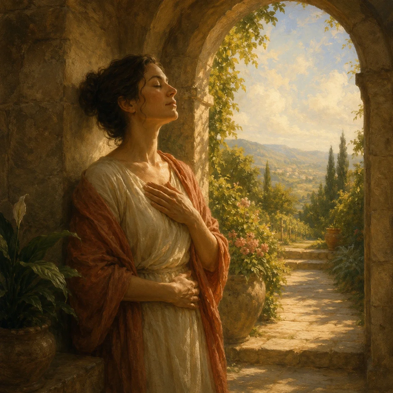 A calm figure stands beneath a stone archway with one hand on their chest and one on their abdomen, facing a sunlit garden path.