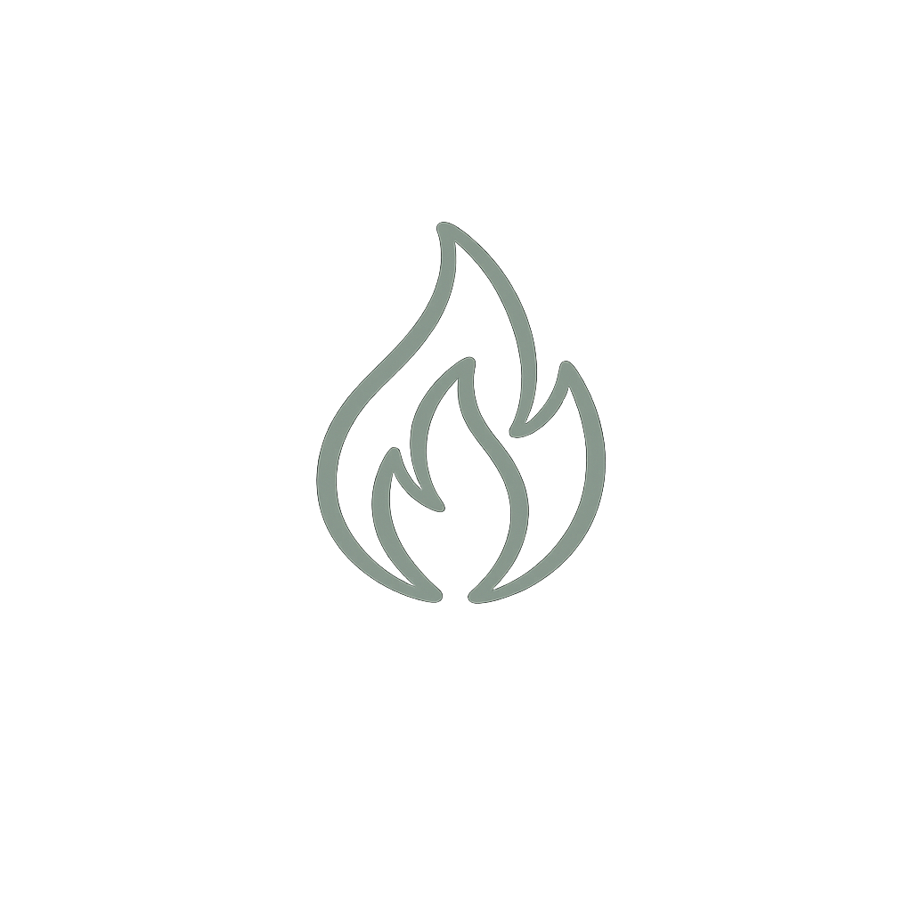 Minimal monoline flame icon in muted Forest Sage with smooth organic curves, symbolizing inner light, resilience, hope, warmth, and personal growth.