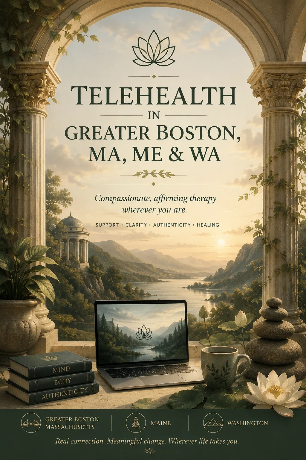Neoclassical telehealth scene with marble columns, a laptop, lotus flowers, balanced stones, and a calm landscape.