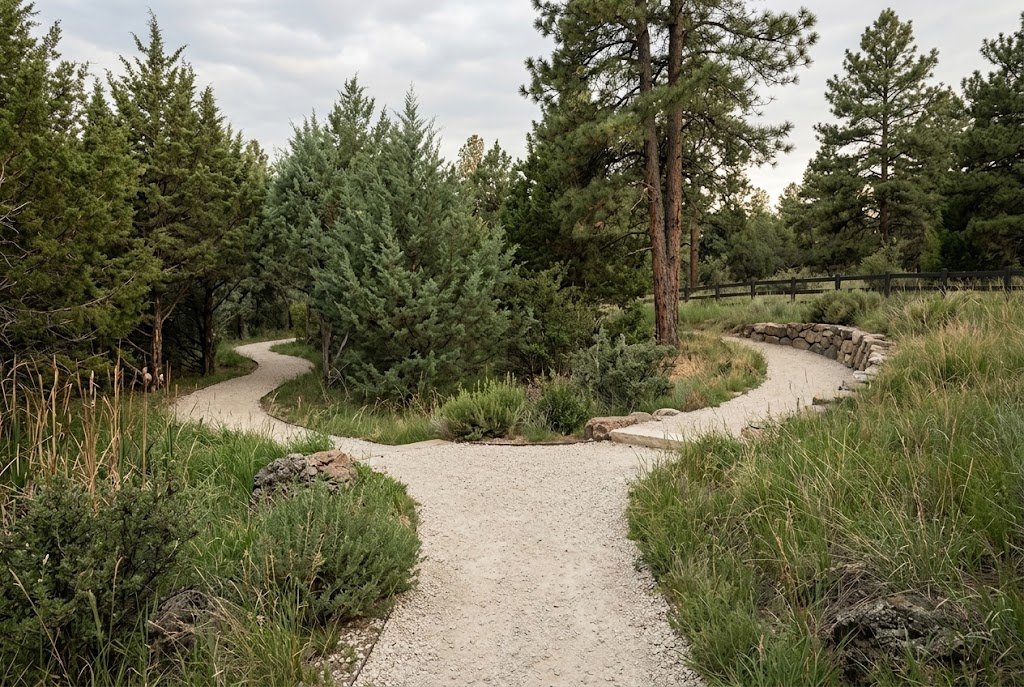 A gravel trail forks in two directions within a natural forest. The left path curves into dense juniper trees; the right ascends past pine trees and stone steps toward a wooden fence under a cloudy sky.