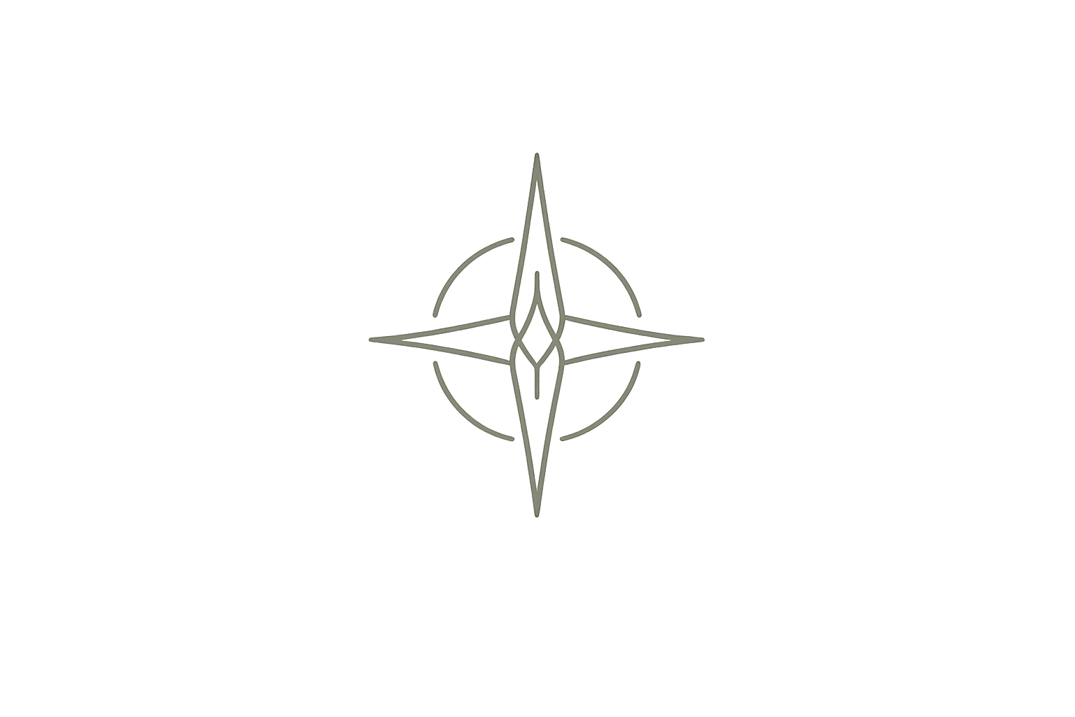 Minimal organic monoline compass icon in forest sage green with rounded points and balanced geometric lines.