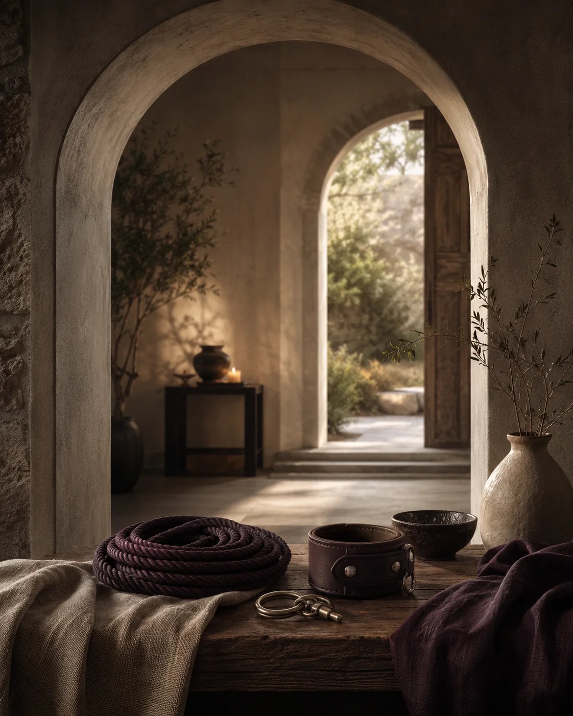 Quiet arched interior with warm light, natural textures, coiled rope, leather cuff, and open doorway symbolizing grounded kink-affirming care.