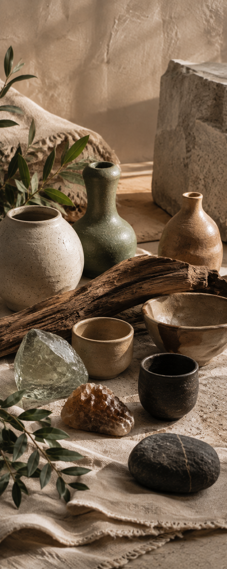 Distinct ceramic forms, translucent minerals, weathered wood, textured stone, soft linen, and greenery share a warm, naturally lit space, each retaining its individual shape and character.