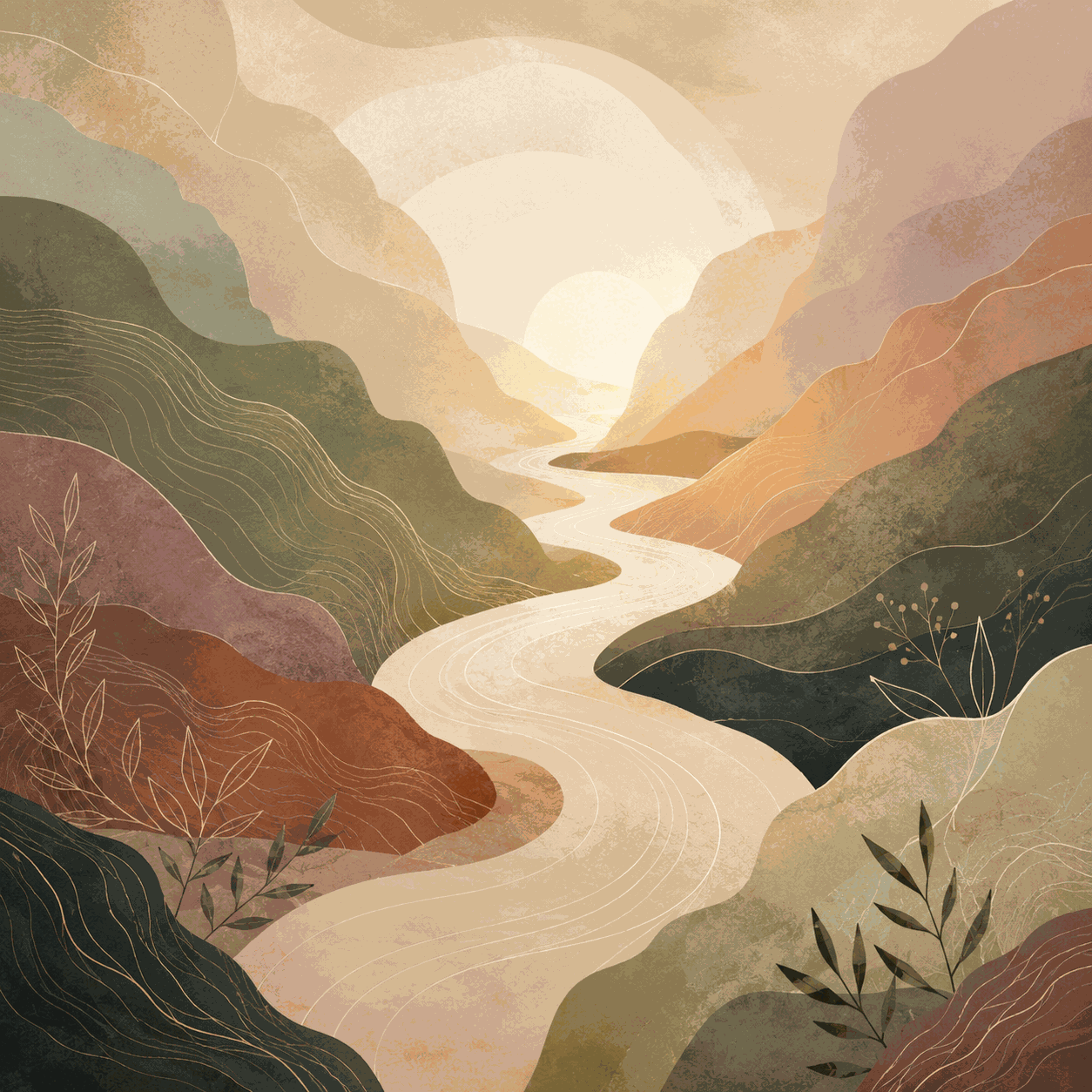 An abstract landscape with a flowing path moving through layered hills toward a soft horizon of light, symbolizing Polyvagal-Informed Therapy, nervous system regulation, safety, and gentle movement toward connection.
