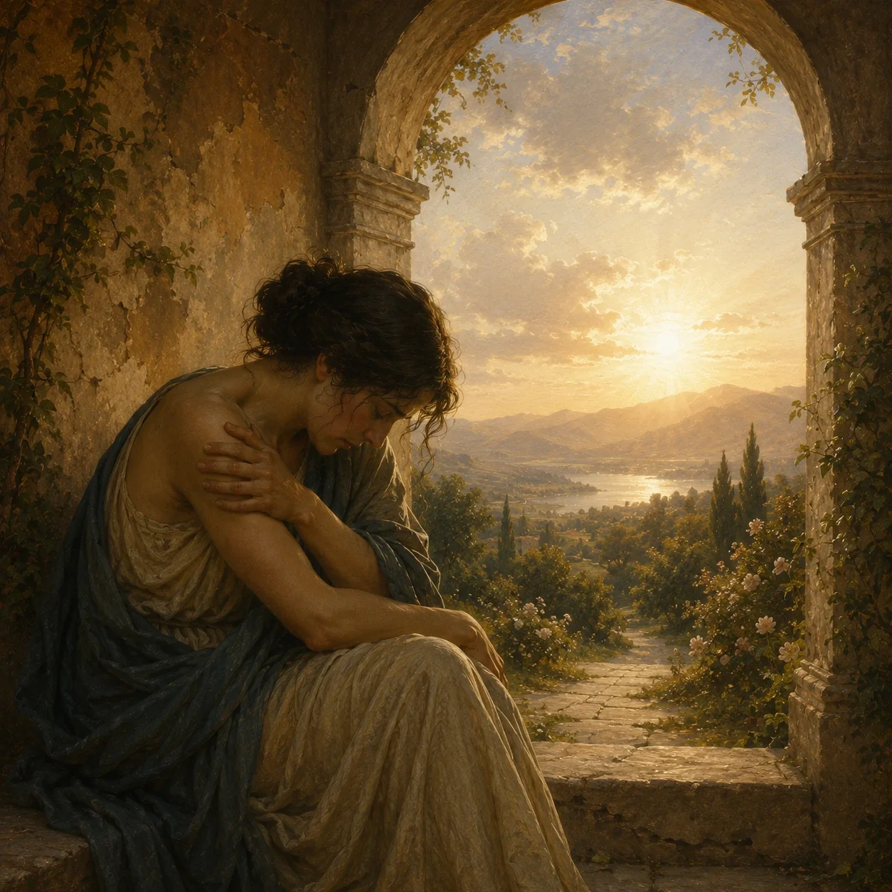 A seated figure rests beneath a shadowed stone archway, holding their shoulder while looking down toward a sunlit garden path.