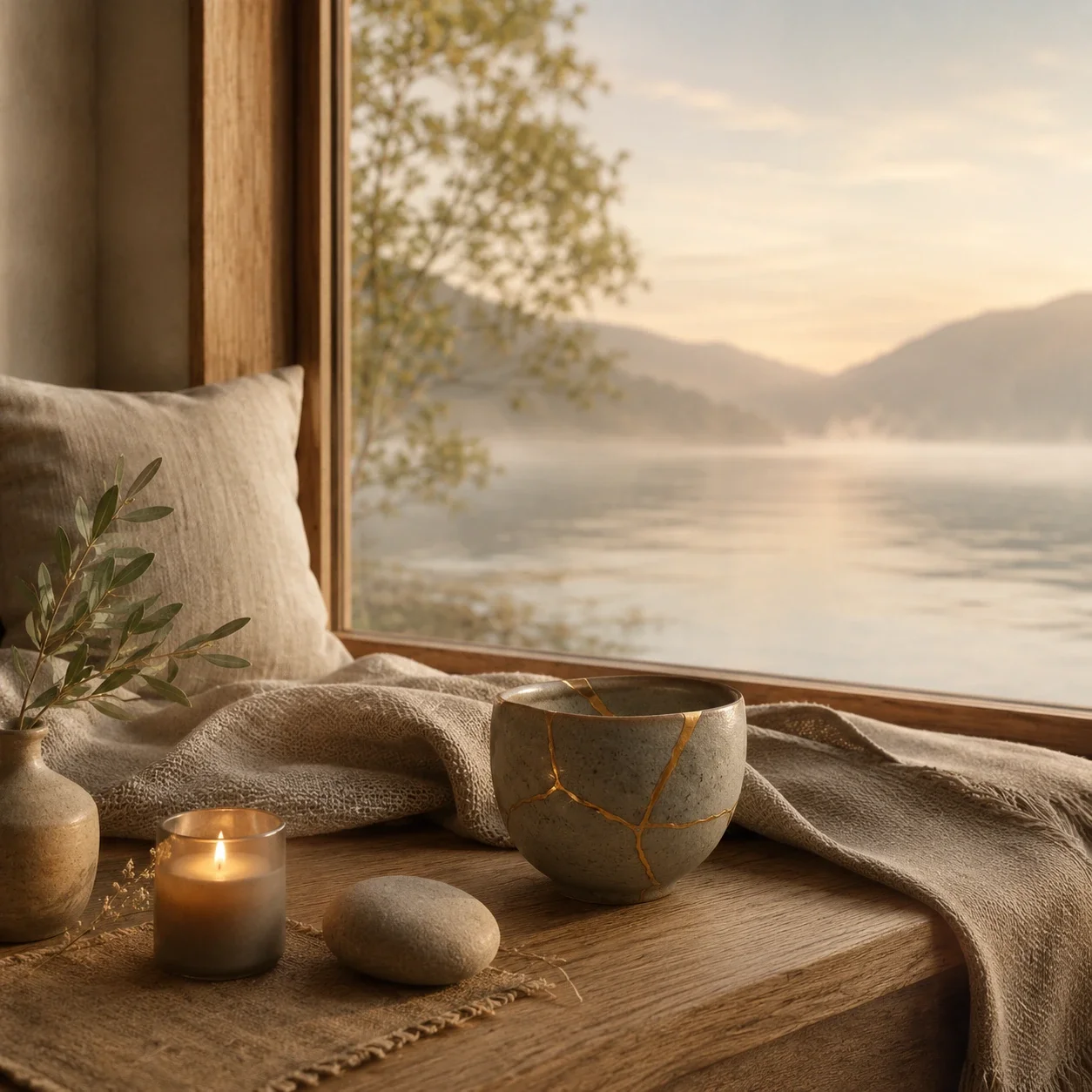 Serene window-side still life with a repaired ceramic bowl, candle, smooth stone, soft blanket, and quiet lake view symbolizing trauma and shame healing.
