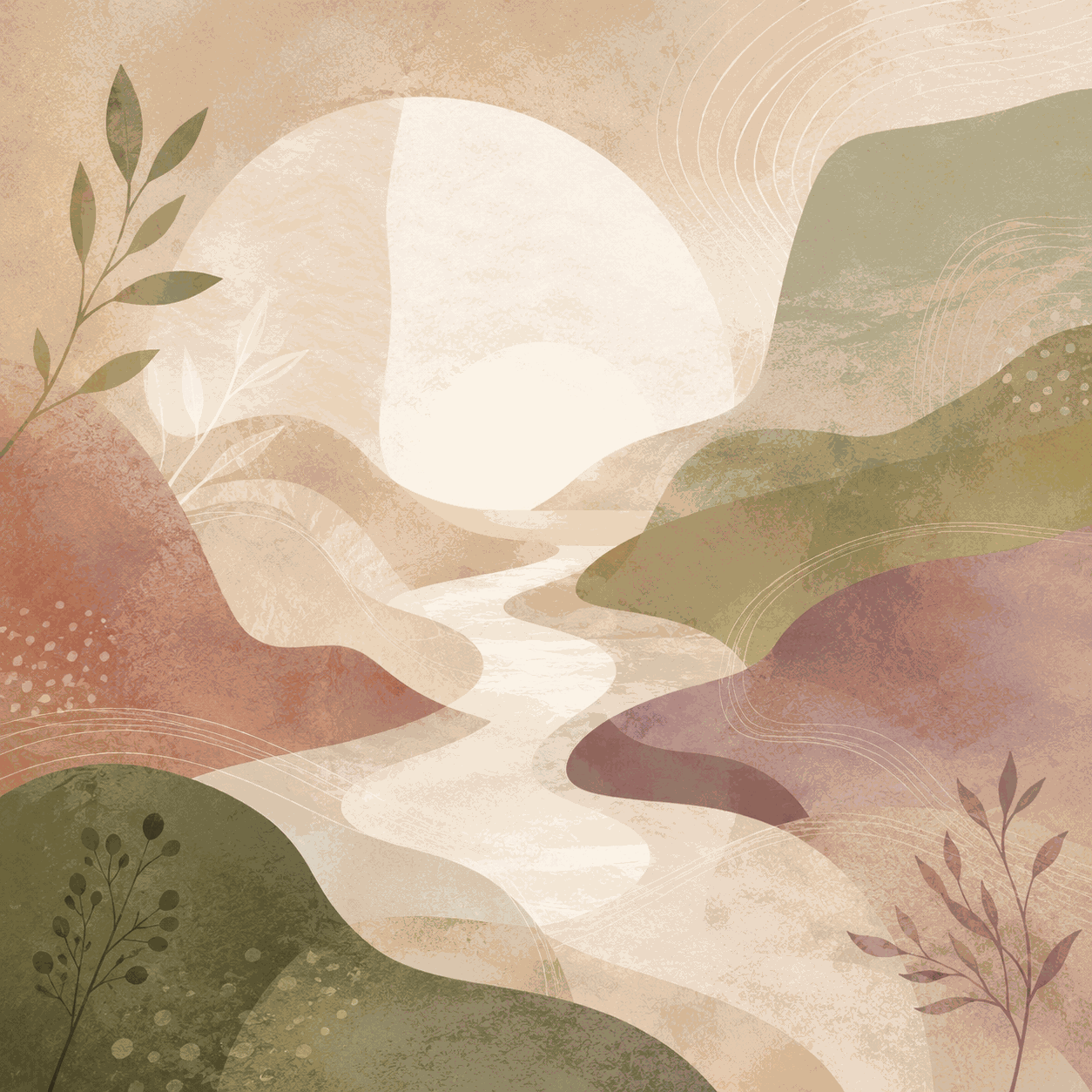 An abstract landscape with a soft flowing path moving through layered hills toward a gentle glow, symbolizing self-compassion, mindfulness, calm awareness, and a kinder relationship with oneself.