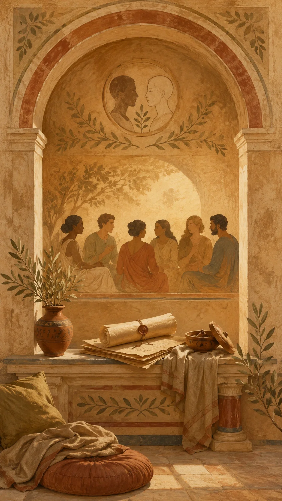 Ancient-art-inspired therapy scene with people in calm conversation, protected documents, warm light, and reassuring privacy symbolism.