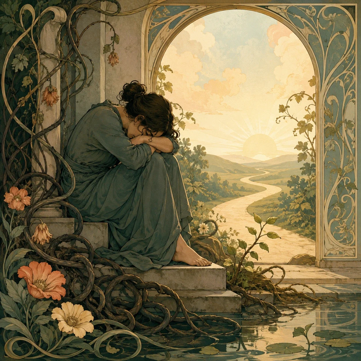 Art Nouveau-style illustration of a person curled inward on stone steps beside tangled vines and still water, with an open archway, sunrise, and winding path beyond, symbolizing depression, stuckness, and the possibility of renewed movement.