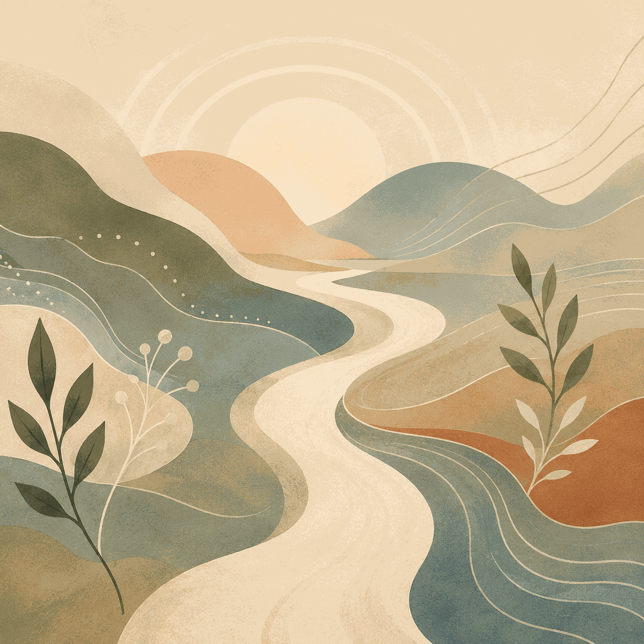 An abstract landscape with a soft winding path moving through layered hills and gentle botanical shapes, symbolizing integrative and person-centered therapy, connection, and whole-person support.