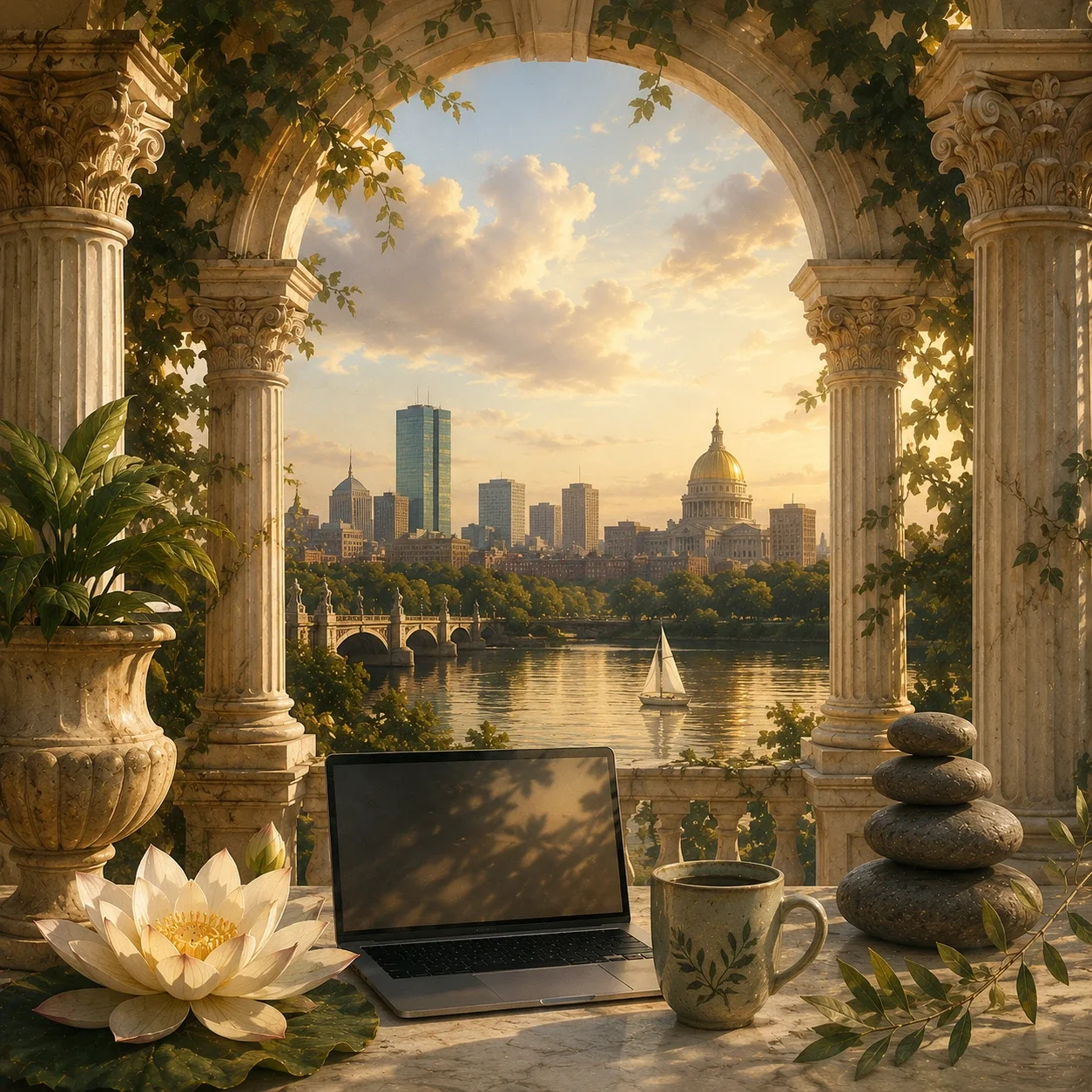 Neoclassical scene with marble columns, a laptop, lotus flower, balanced stones, and a Boston skyline across calm water