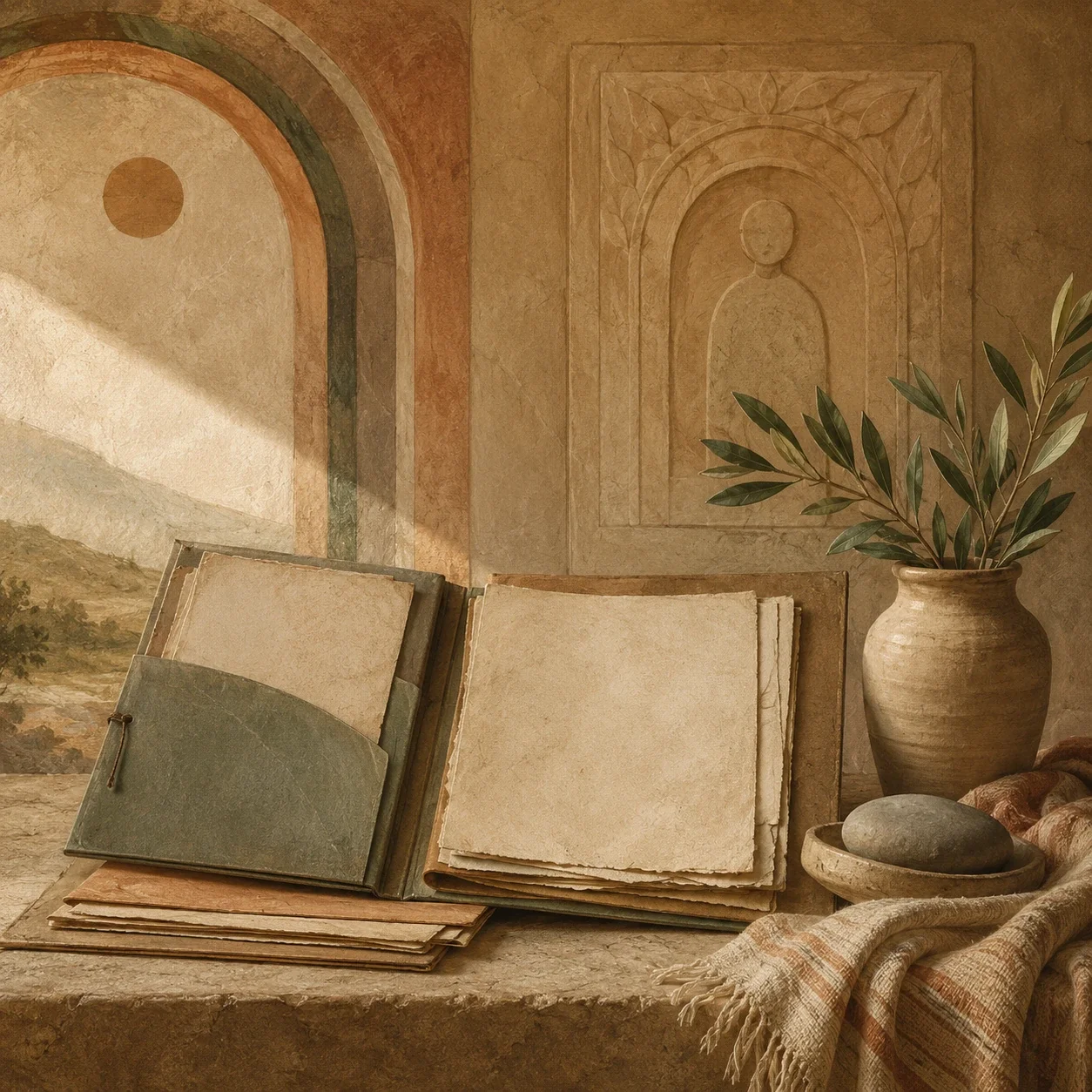 Ancient-art-inspired therapy records scene with warm light, layered papers, natural textures, and a reassuring grounded mood.